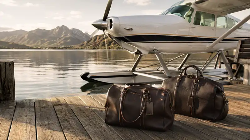 Pack Soft-Sided Luggage for Light Aircraft 4 Premium soft-sided leather travel bags resting on a wooden dock next to a private seaplane
