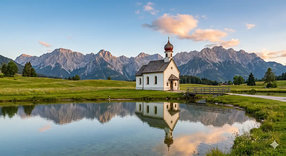 A small, picturesque baroque chapel with an onion dome, known as the Seekirchl, stands by a calm mountain lake in Seefeld in Tirol, Austria, with the Karwendel Alps in the background.