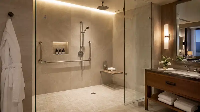 Travel Tips 12 A modern, luxurious hotel bathroom featuring a spacious, step-free roll-in shower with sleek safety grab bars and elegant tile work.