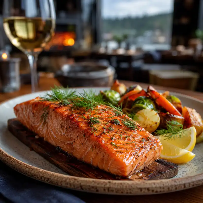 Cedar-planked Wild BC Salmon with seasonal vegetables