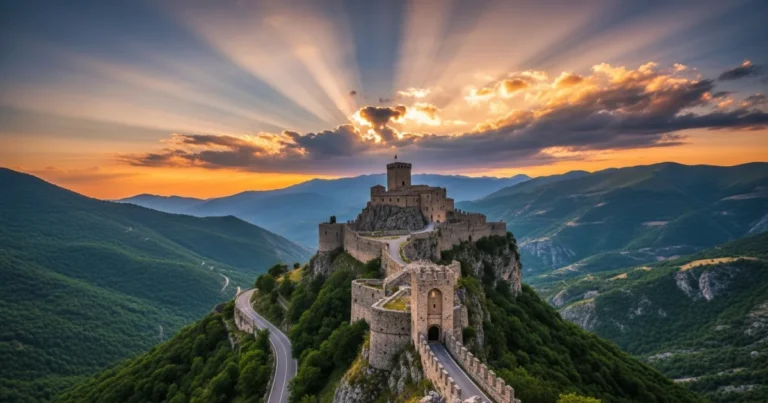 Abruzzo 17 Panoramic view of the Rocca Calascio fortress in the mountains of Abruzzo at sunset