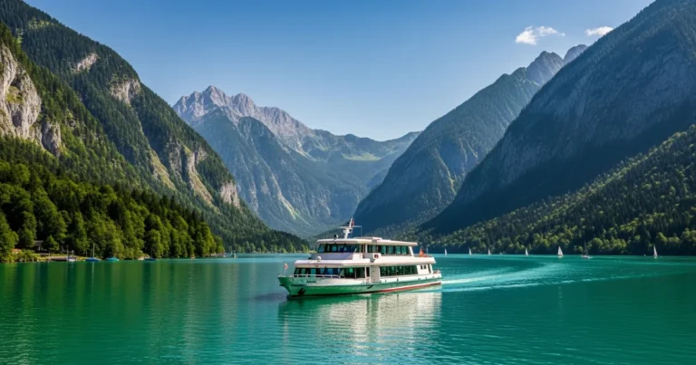 Achensee Shipping 4 Achensee passenger ship sailing on Lake Achensee surrounded by the Austrian Alps