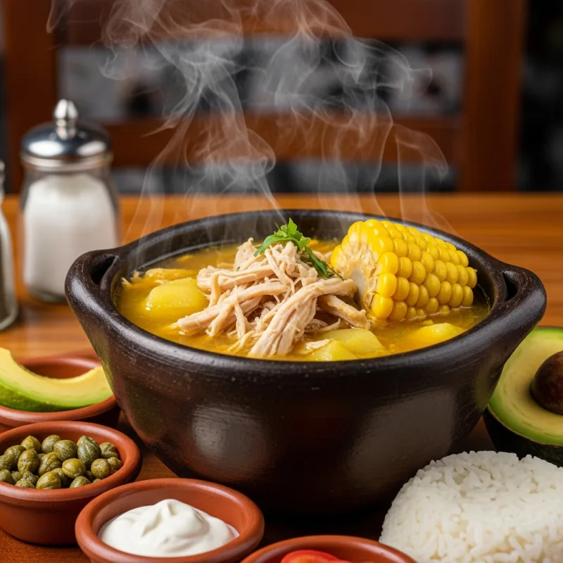 A traditional bowl of Ajiaco Santafereño soup with sides of avocado, cream, and capers
