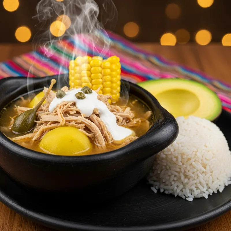 A traditional bowl of Colombian Ajiaco soup with avocado and rice