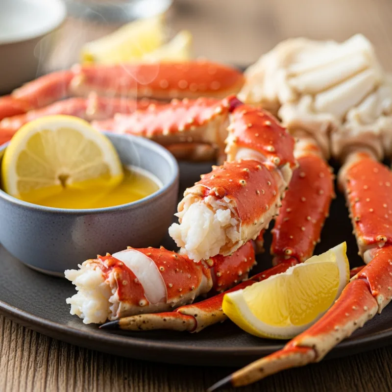 Freshly steamed Alaskan King Crab legs with melted butter and lemon