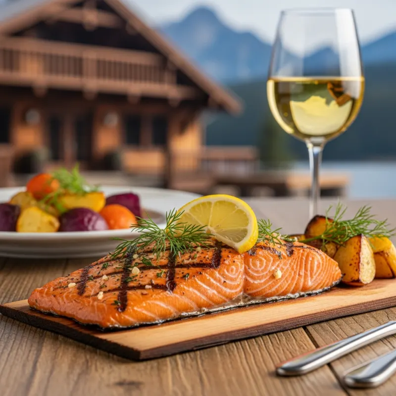 Grilled Alaskan Sockeye Salmon on a cedar plank