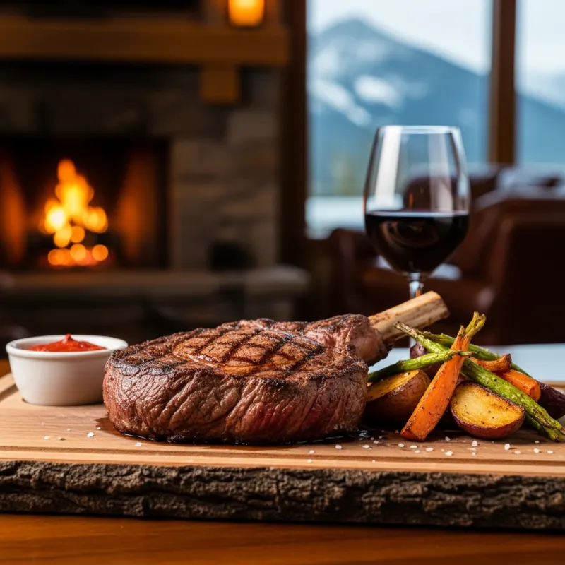 A grilled Alberta beef steak served on a wooden board with vegetables and wine