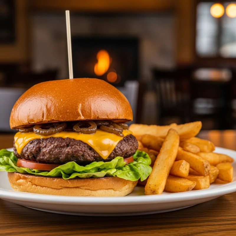 A juicy Alberta bison burger with fries in a rustic mountain tavern setting