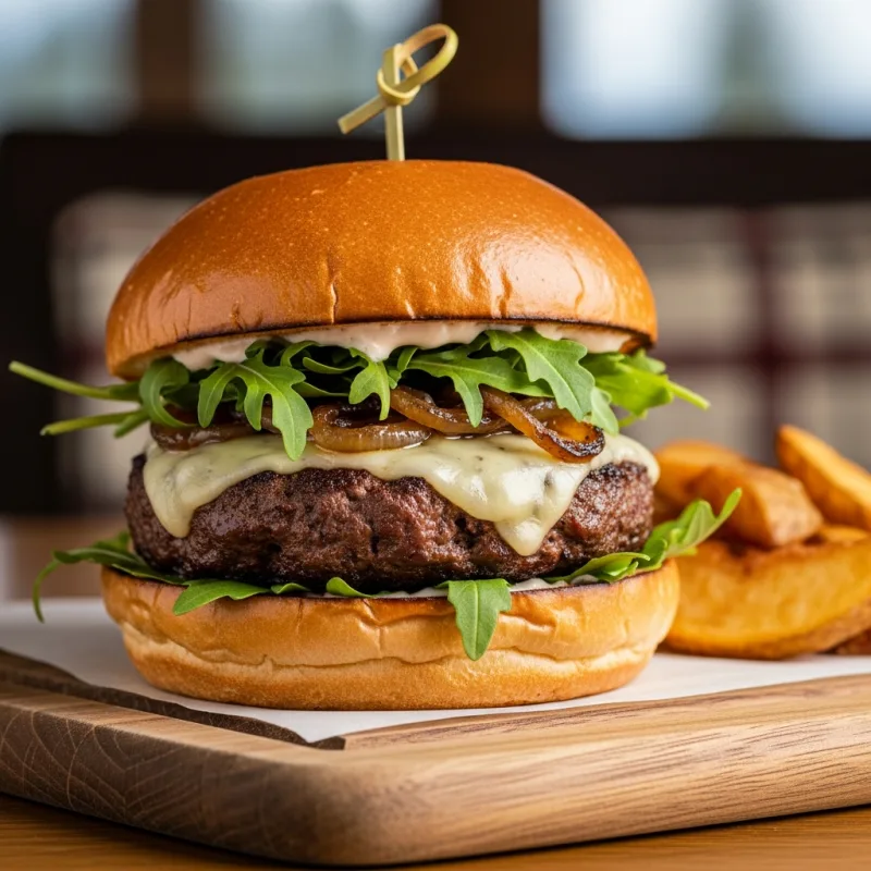 A gourmet Alberta bison burger with cheddar and caramelized onions on a wooden board