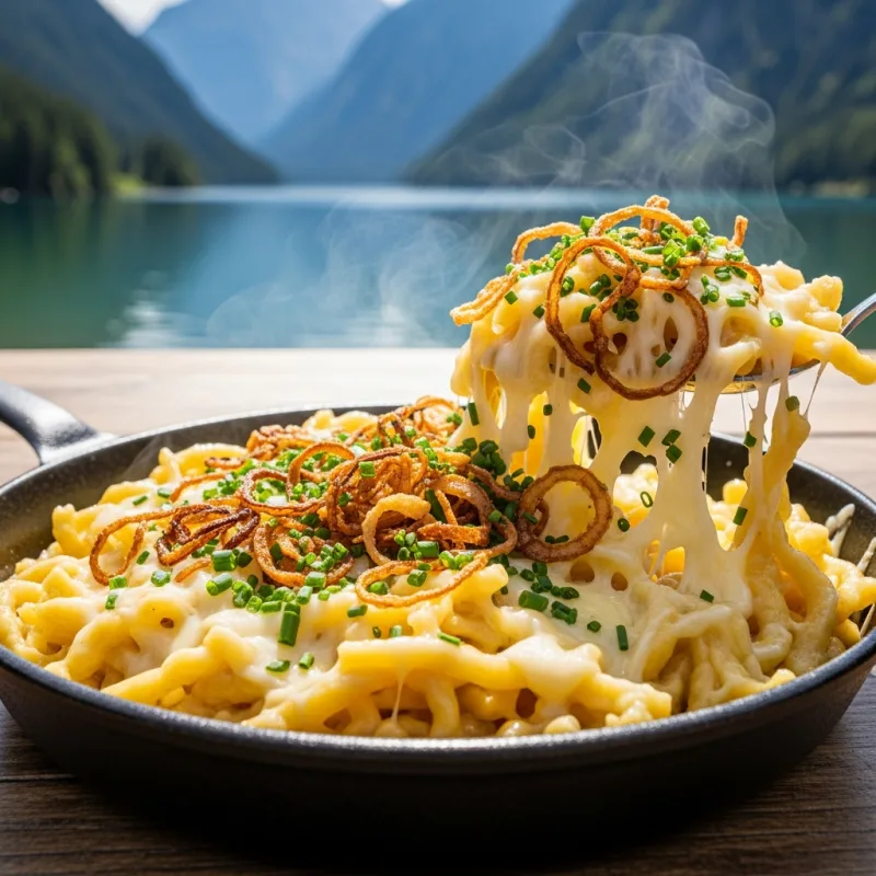 A cast-iron pan of Allgäuer Käsespätzle on a wooden table