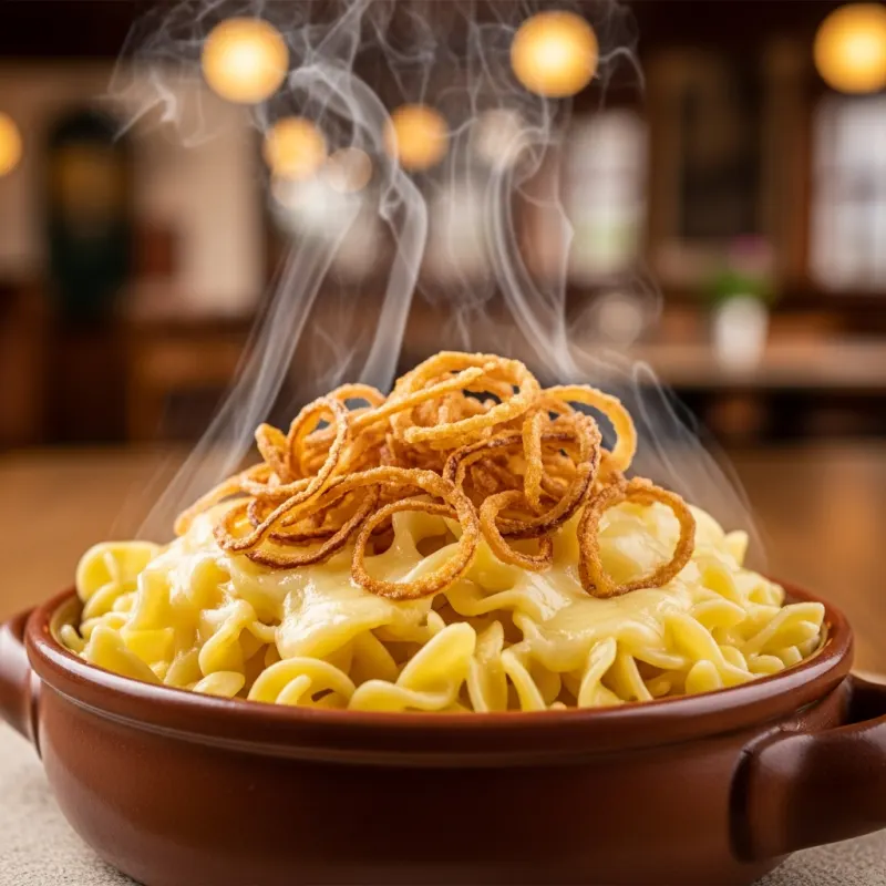 A bowl of traditional Allgäuer Kässpatzen with melted cheese and fried onions