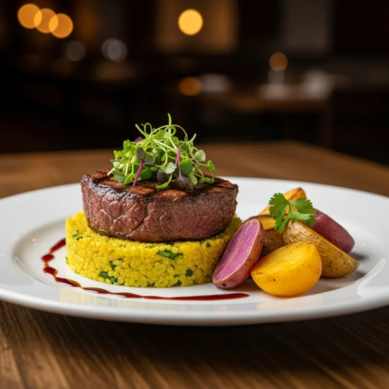 Grilled alpaca steak with quinoa risotto and Andean potatoes