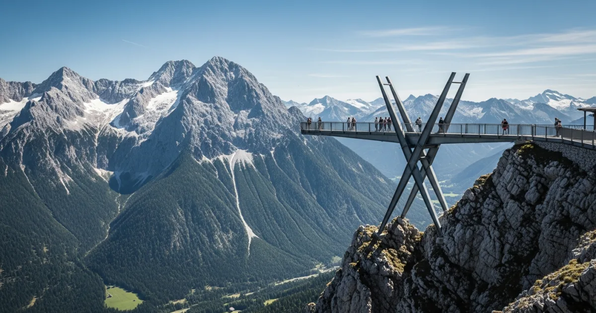 The Alpspix Viewing Platform extending over a deep valley in the Bavarian Alps.