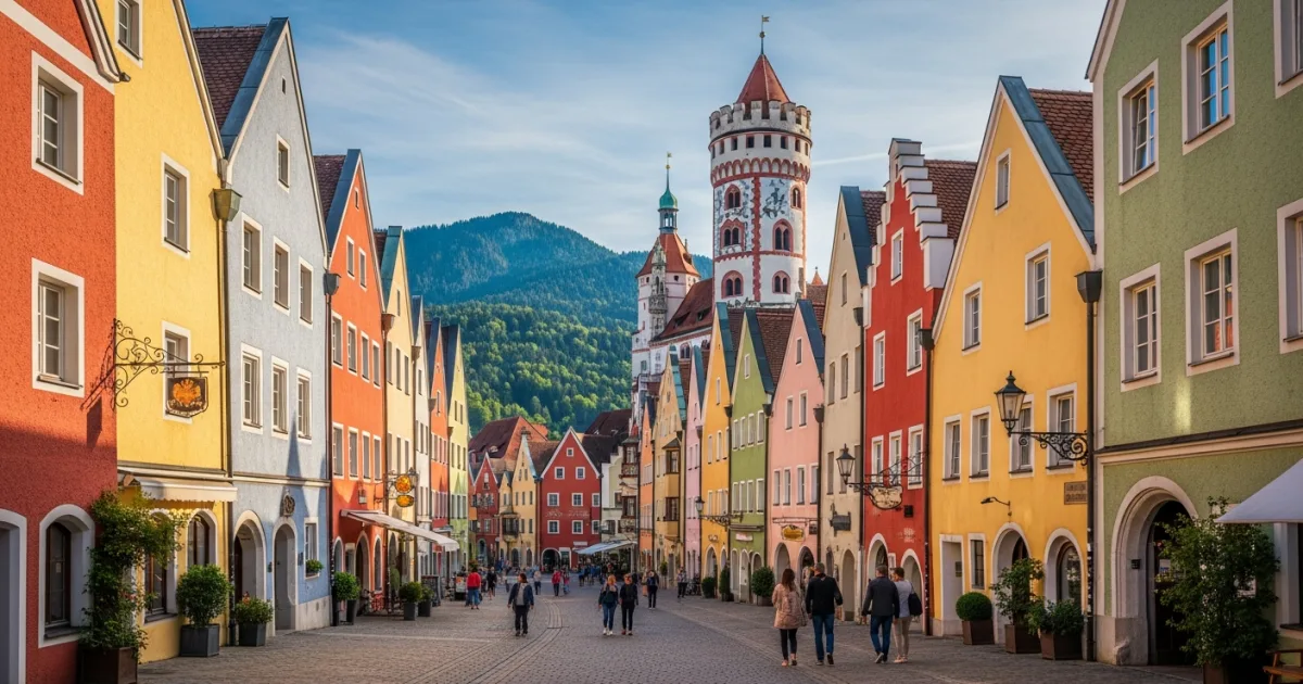 Colorful historic buildings and cobblestone streets in Altstadt Füssen, Bavaria