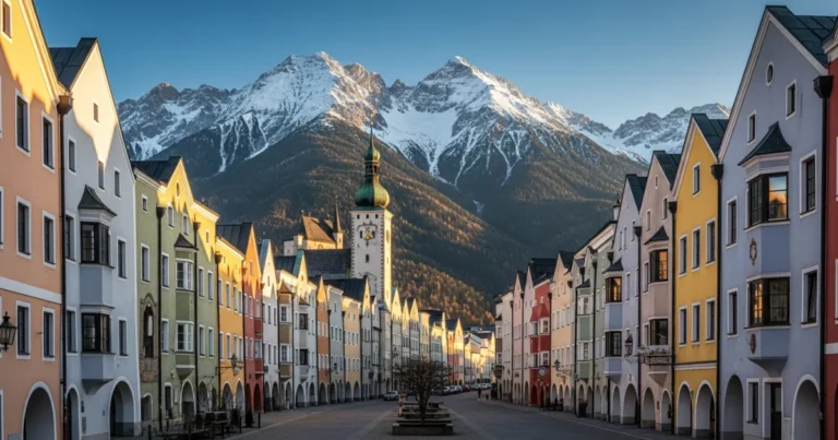 Altstadt Hall in Tirol 3 Panoramic view of Altstadt Hall in Tirol with the Mint Tower and Karwendel Alps