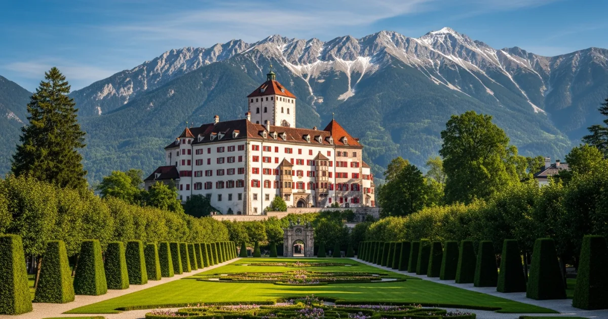 Ambras Castle surrounded by gardens with the Nordkette mountains in the background