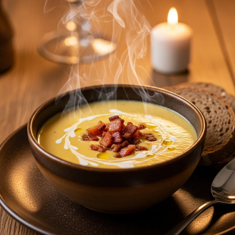 A bowl of Amelander Mosterdsoep with bacon and rye bread