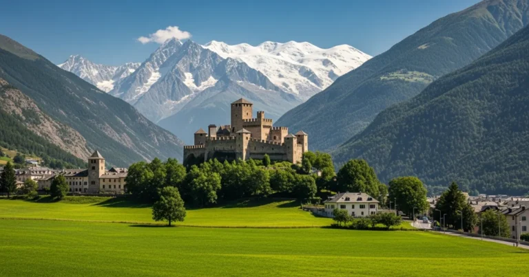 Aosta Valley 16 Scenic view of Aosta Valley with a medieval castle and snow-capped Mont Blanc