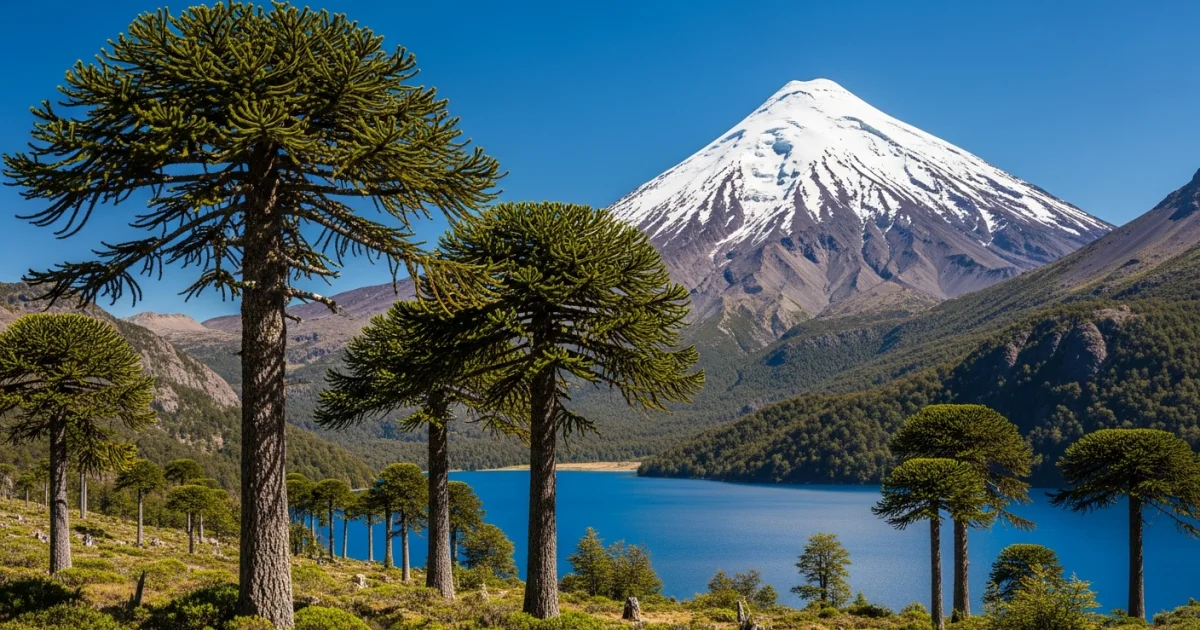 Scenic view of Conguillío National Park with Araucaria trees and Llaima volcano in Araucania, Chile