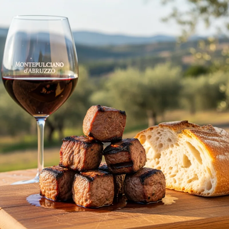 A wooden board serving grilled Arrosticini skewers with bread and red wine