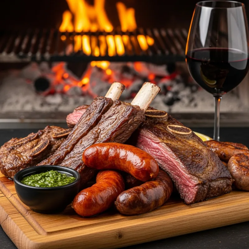 Traditional Argentine Asado with beef cuts, sausages, and chimichurri