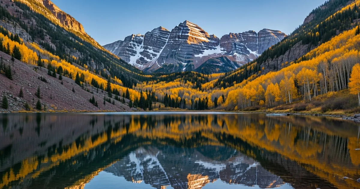 The Maroon Bells mountains reflecting in Maroon Lake during autumn in Aspen, Colorado