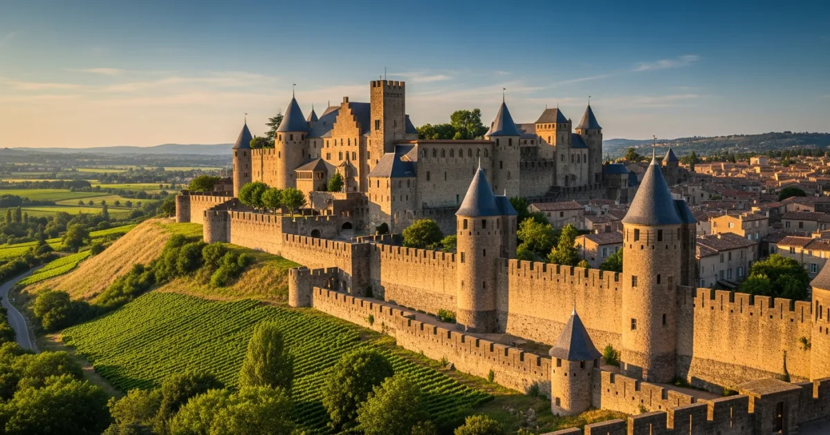 Panoramic view of the medieval Cité de Carcassonne in Aude, France