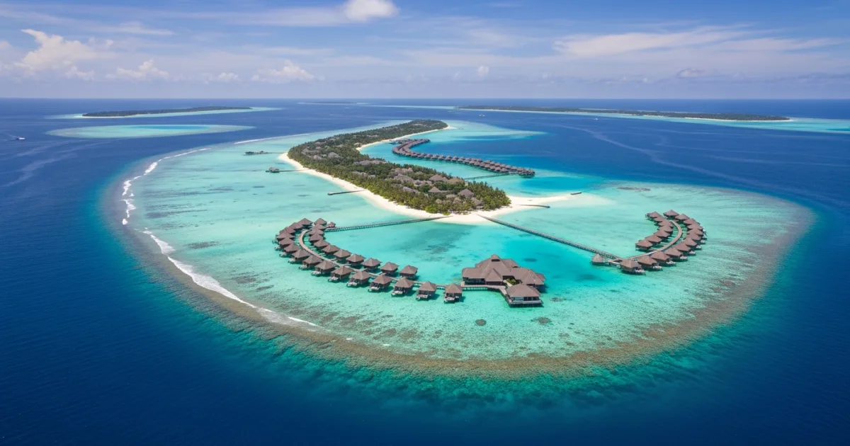 Aerial view of Baa Atoll islands and overwater bungalows in the Maldives