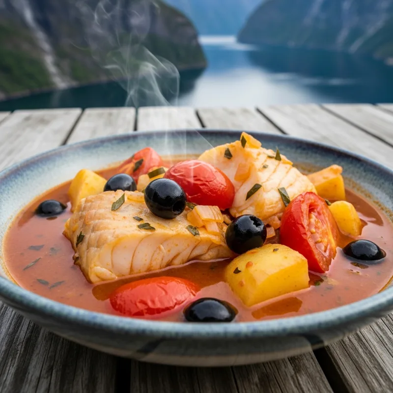A bowl of traditional Norwegian Bacalao stew with salted cod and tomatoes