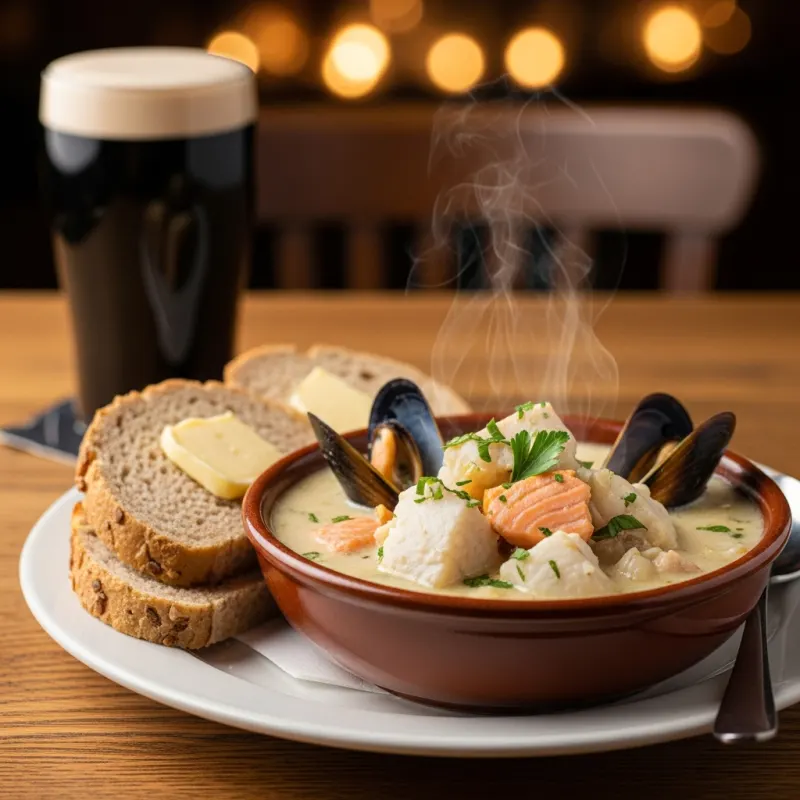 A bowl of traditional Irish seafood chowder with brown soda bread