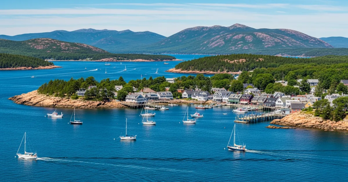 Scenic view of Bar Harbor and Frenchman Bay in Maine