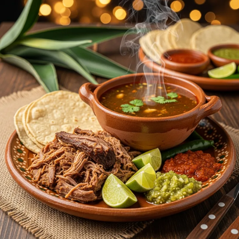 Traditional Mexican Barbacoa de Hoyo with tortillas and consommé
