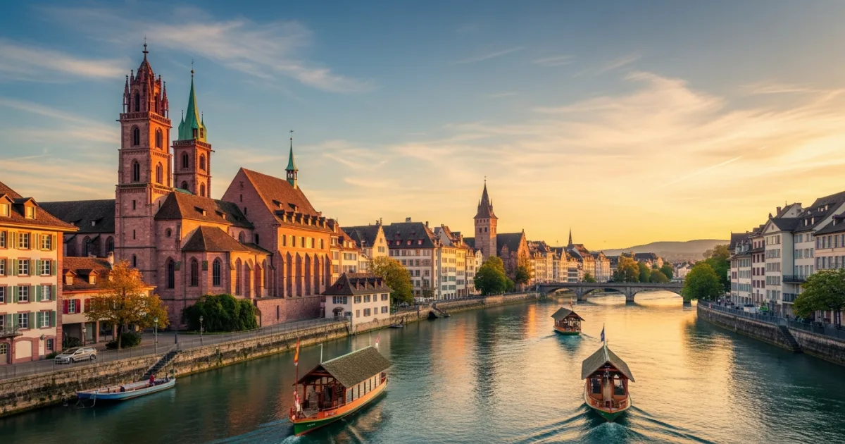 Panoramic view of Basel Minster and the Rhine River at sunset