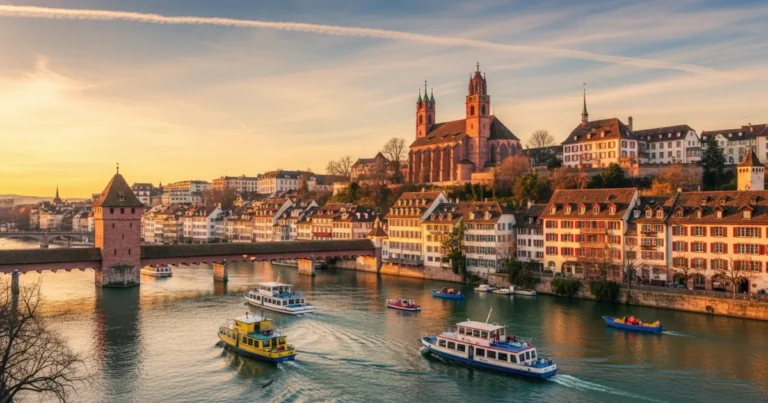 Basel-Stadt 5 Panoramic view of Basel-Stadt with the Rhine River and Basel Minster at sunset