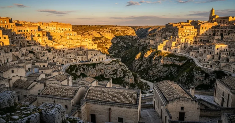 Basilicata 15 Panoramic view of the ancient Sassi di Matera cave dwellings in Basilicata, Italy at sunset