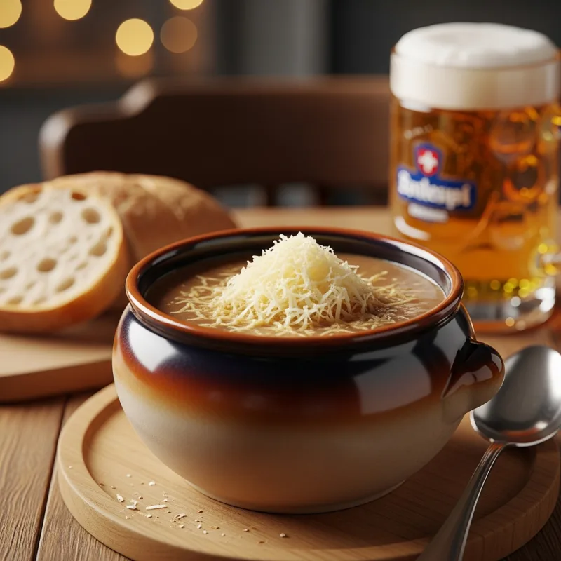 A bowl of traditional Basler Mehlsuppe topped with cheese