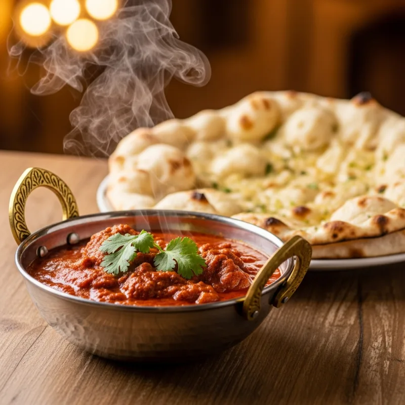 A traditional Birmingham Balti curry served in a steel bowl with naan bread