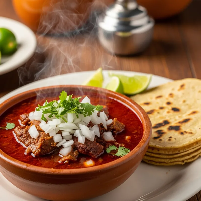 A bowl of traditional Birria de Chivo stew with tortillas and garnishes
