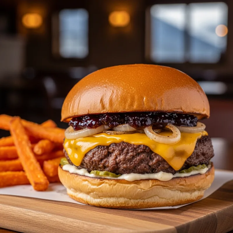 Gourmet Bison Burger with huckleberry jam and sweet potato fries