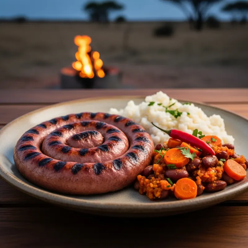 Grilled Boerewors sausage served with pap and chakalaka relish
