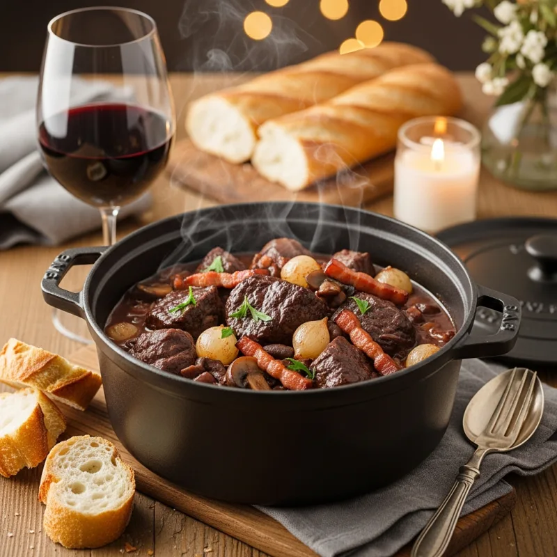 A traditional pot of Boeuf Bourguignon served with red wine and a baguette