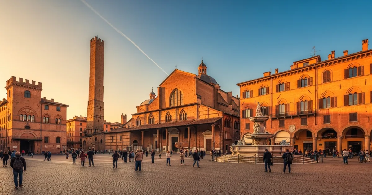 Wide angle view of Piazza Maggiore in Bologna at sunset
