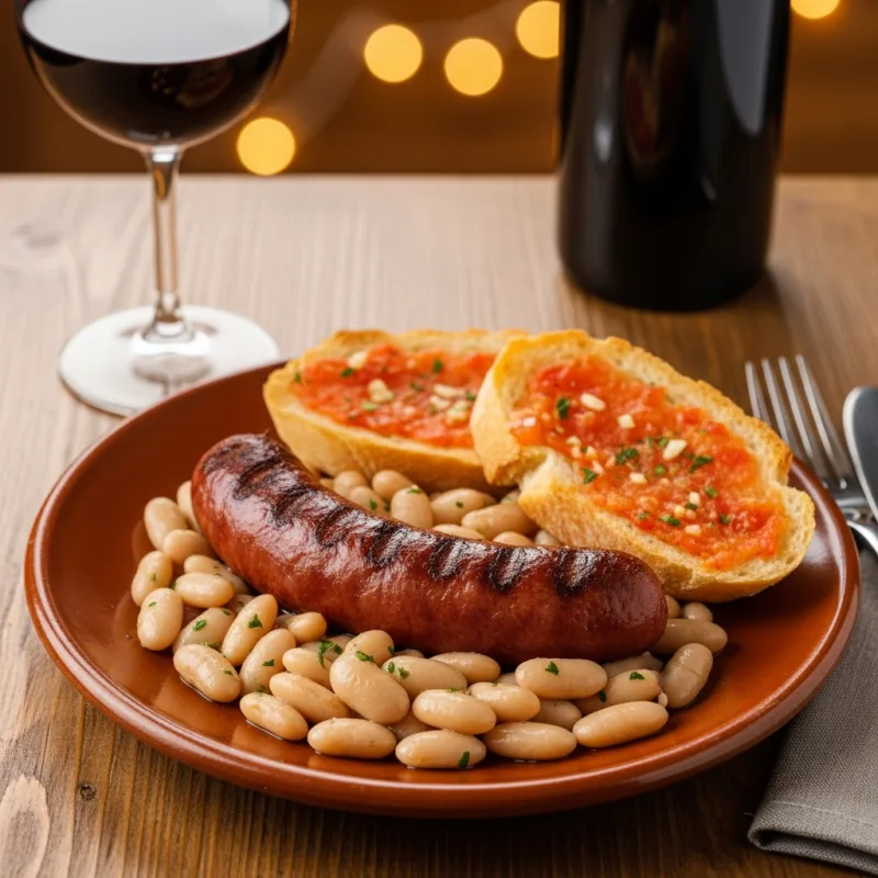 A plate of Botifarra amb mongetes with tomato bread