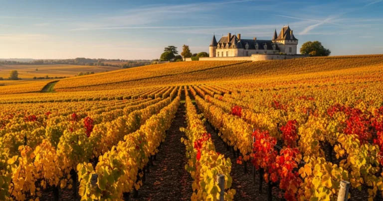 Bourgogne-Franche-Comte 12 Autumn vineyards in Bourgogne-Franche-Comté with a historic chateau in the background
