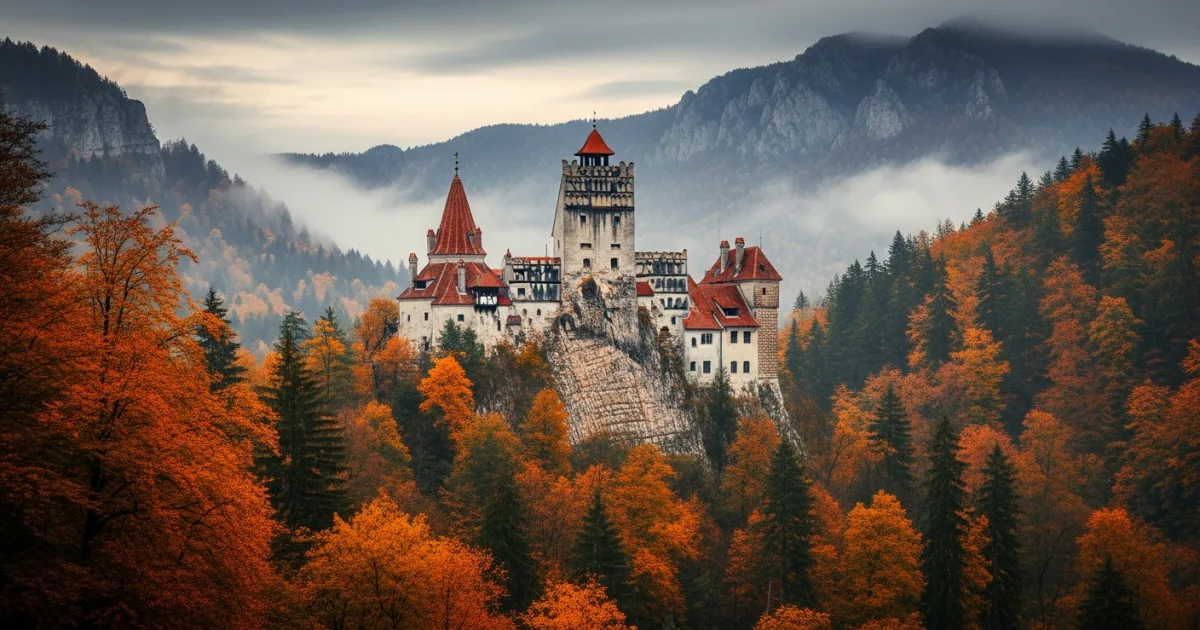 Wide angle view of Bran Castle surrounded by autumn forests in Transylvania