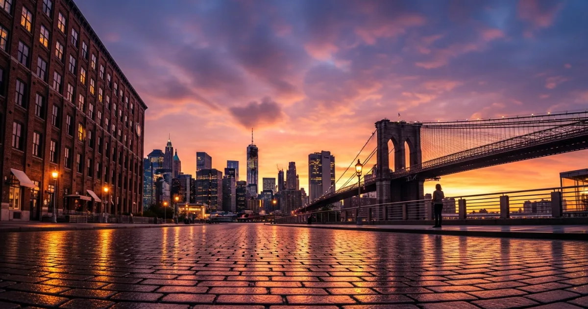 View of the Brooklyn Bridge and Manhattan skyline from DUMBO at sunset