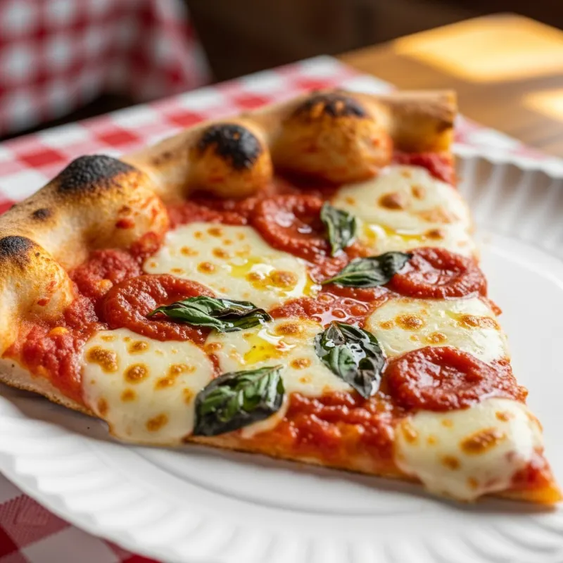 A classic slice of Brooklyn-style pizza with bubbling cheese and a crispy crust