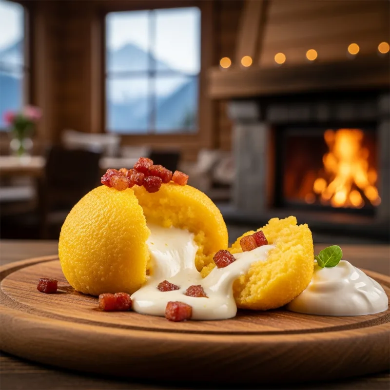 Traditional Romanian Bulz served on a wooden board