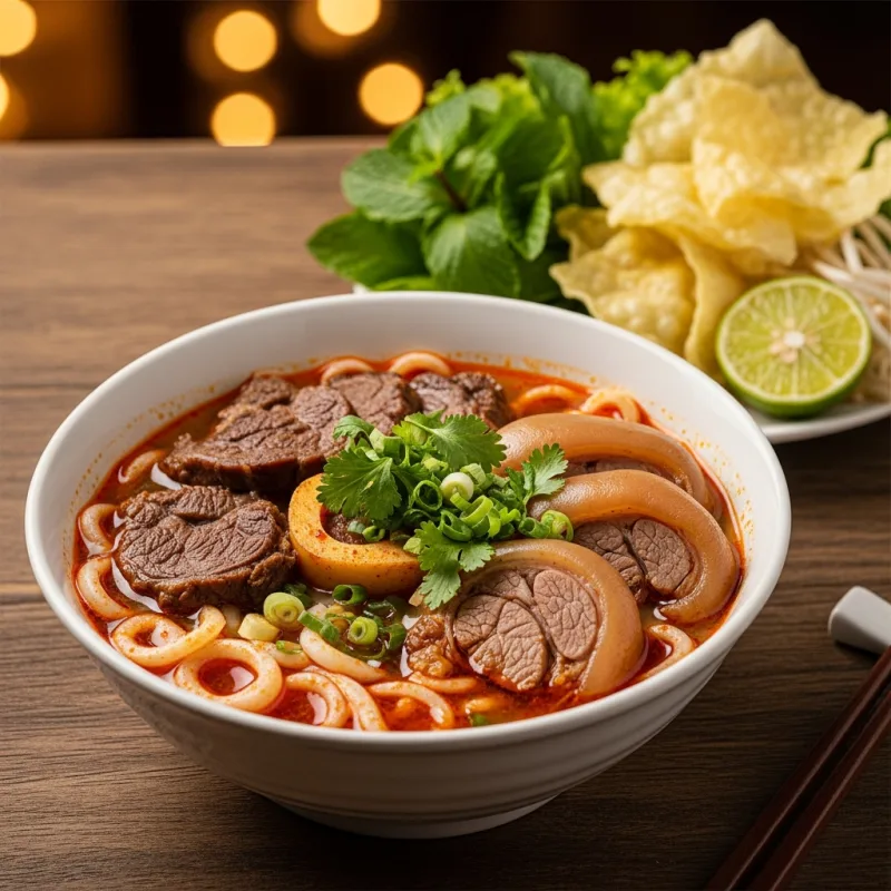 A traditional bowl of Bun Bo Hue with fresh herbs and lime