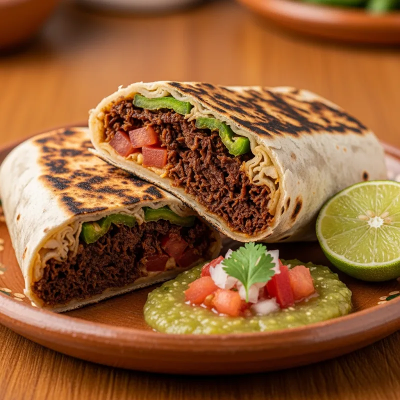 Burritos de Machaca on a rustic plate with salsa verde